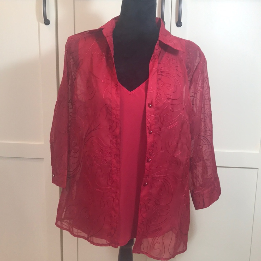 Red sheer Two piece Embroidered blouse with shell